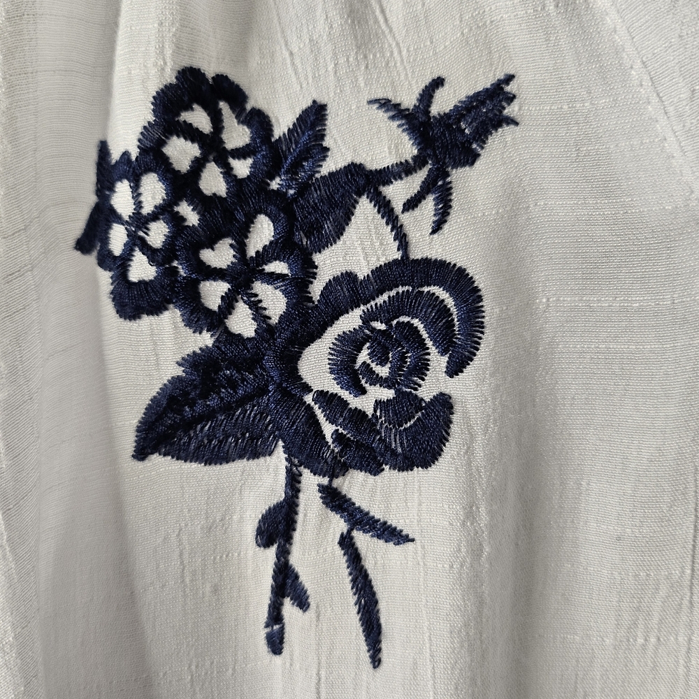 Como Blouse Black White Navy Embroidered Floral Boho Crochet Sleeve XL Loose - Picture 7 of 14